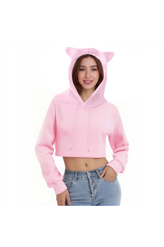 Women's Cute Cat Ear Crop Top Hoodie Pink Fleece Lined Sweatshirt with Drawstring Hood,Casual Wear for Trendy Style Pink