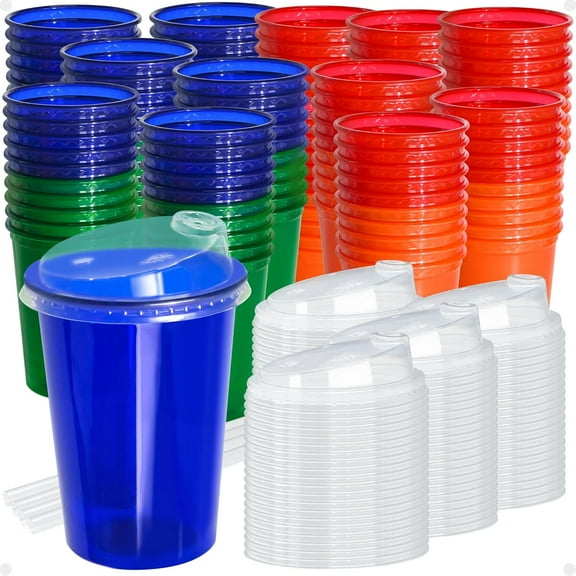 12 Oz Kids Sippy Cups, 200 Count Spill Proof Reusable Cups, BPA-Free, 4 Colours Assorted Perfect for Party