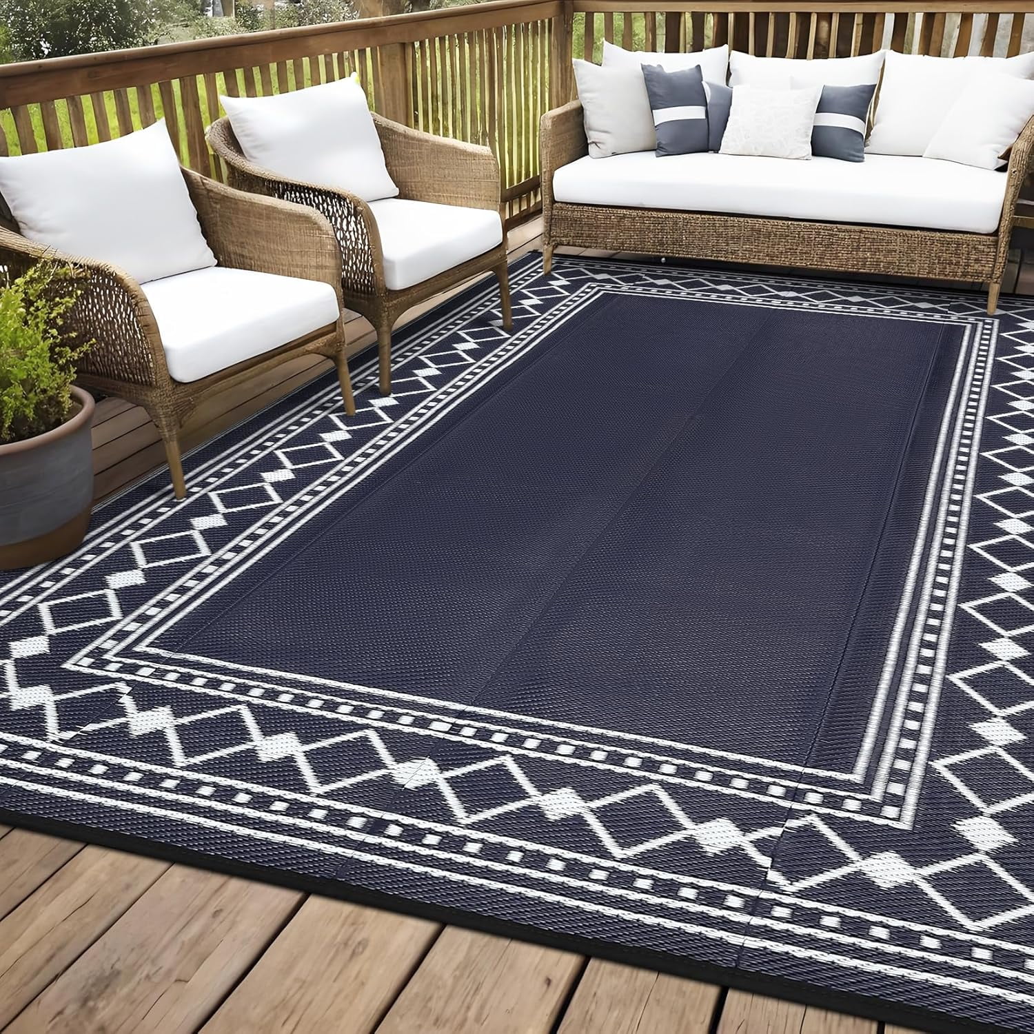 Riedhoff Outdoor Rug 9'x18', Geometric, Dark Blue