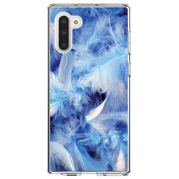 DistinctInk Clear Shockproof Hybrid Case for Samsung Galaxy Note 10 (6.3" Screen) - TPU Bumper, Acrylic Back, Tempered Glass Screen Protector - Blue Feathers