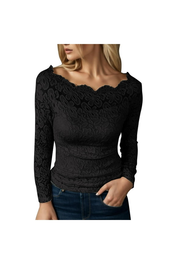 Women Summer Tops Women's Blouses And Shirts For Women UK Fashion Strapless Lace One Neck Long Sleeve Hollow Lace T Shirts Tops Tunic Blouses for Dressy Fall Formal Woven Blouse Black XL