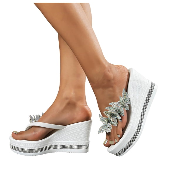 Womens Platform Flip Flops Butterfly Rhinestone Glitter Wedge Sandals Fashionable Slip on Wedges Heels Slides White Size 7.5