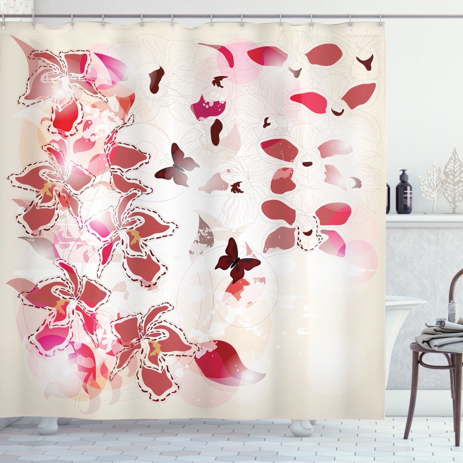 Fuchsia Shower Curtain, Orchids Butterflies Digital Watercolor Spring  Tropical Blooms, Fabric Bathroom Set with Hooks, 69W X 84L Inches Extra  Long, Eggshell Pink and Dark Fuchsia, by Ambesonne 