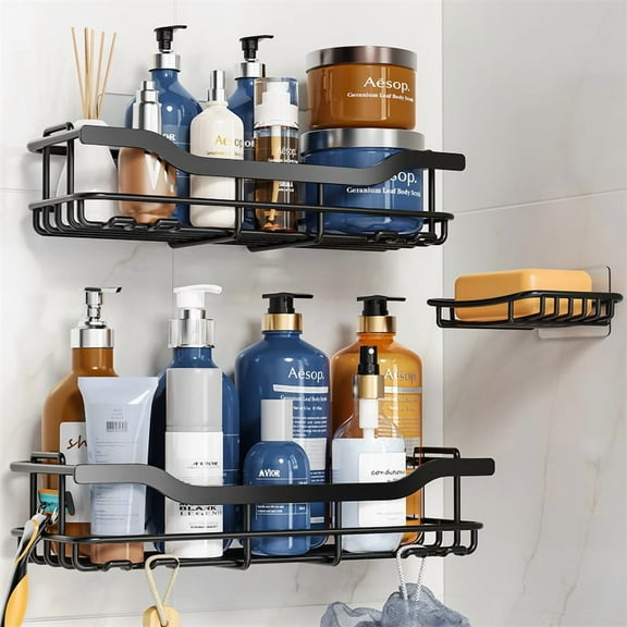 Shower Caddy Hanging with Soap Scrub Holder, Stainless Steel Adjustable No Drilling Non-Slip Large Capacity Sturdy Over Shower Head Shower Organizer Inside Shelves Bathroom Storage Rack, Black