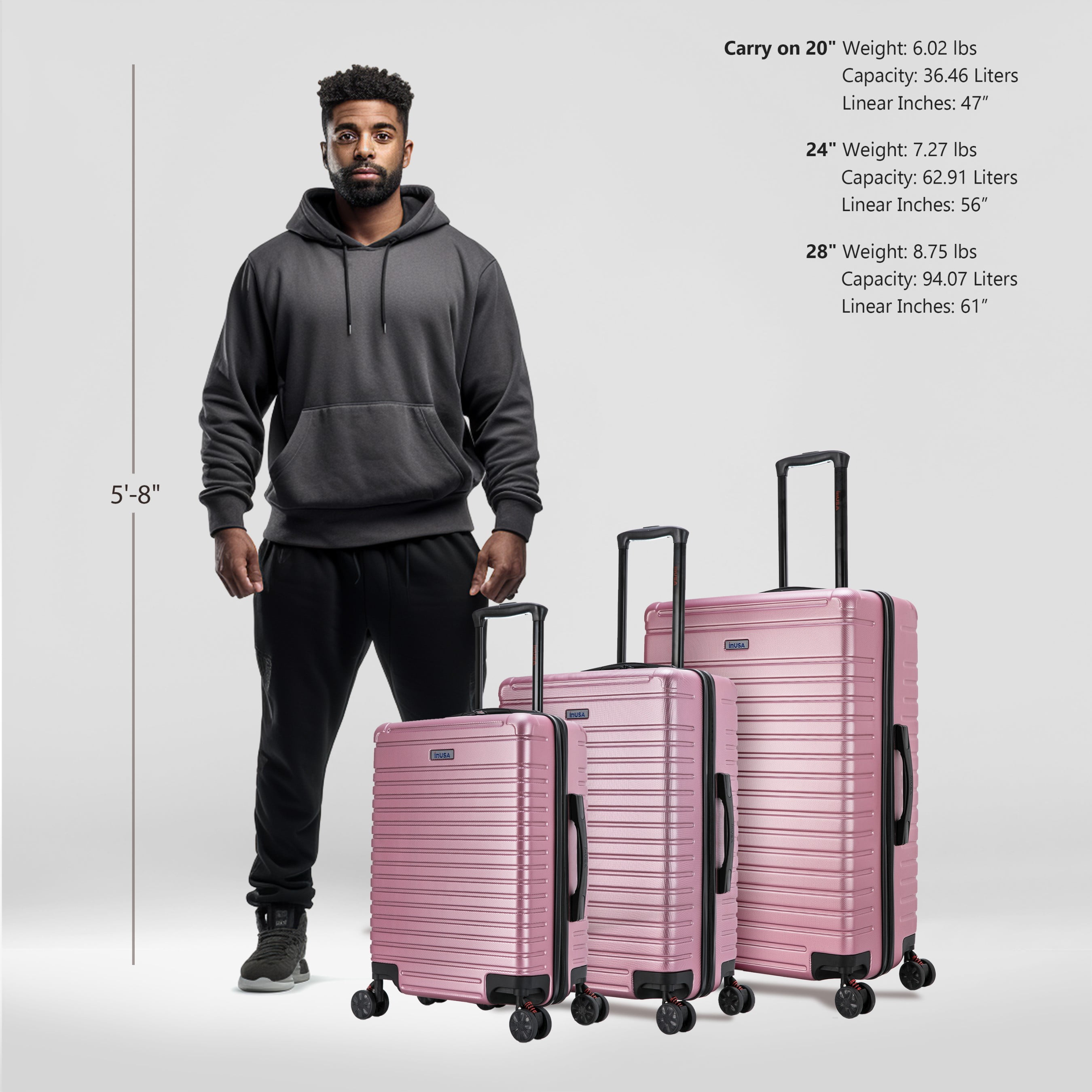 InUSA Deep 3-Piece Hardside Luggage Sets with Spinner Wheels, Handle, Trolley, (20"/24"/28"), Rose Gold