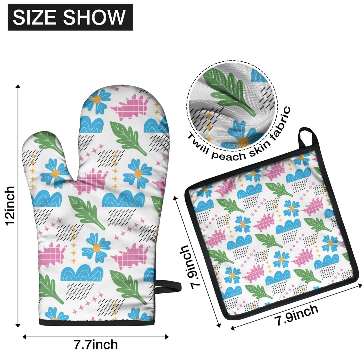 Floral Pattern Oven Mitts and Pot Holders Set Of 4, Heat Resistant Kitchen Gloves with Non-Slip Grip, Hanging Loop, Soft Cotton Lining for Baking, Cooking, Grilling, Barbecue