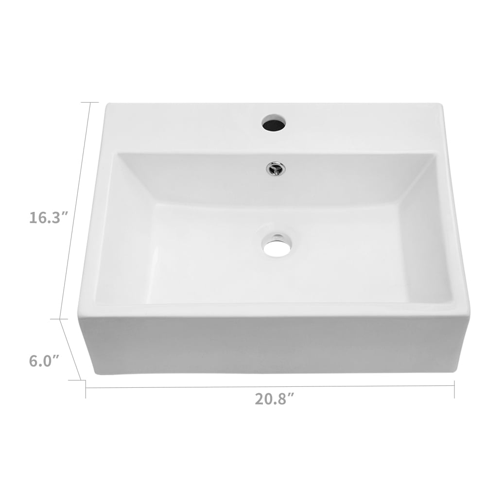 20.8"×16.3"×6" White Ceramic Rectangular Wall-mounted Bathroom Sink with Single Faucet Hole and Overflow Hole