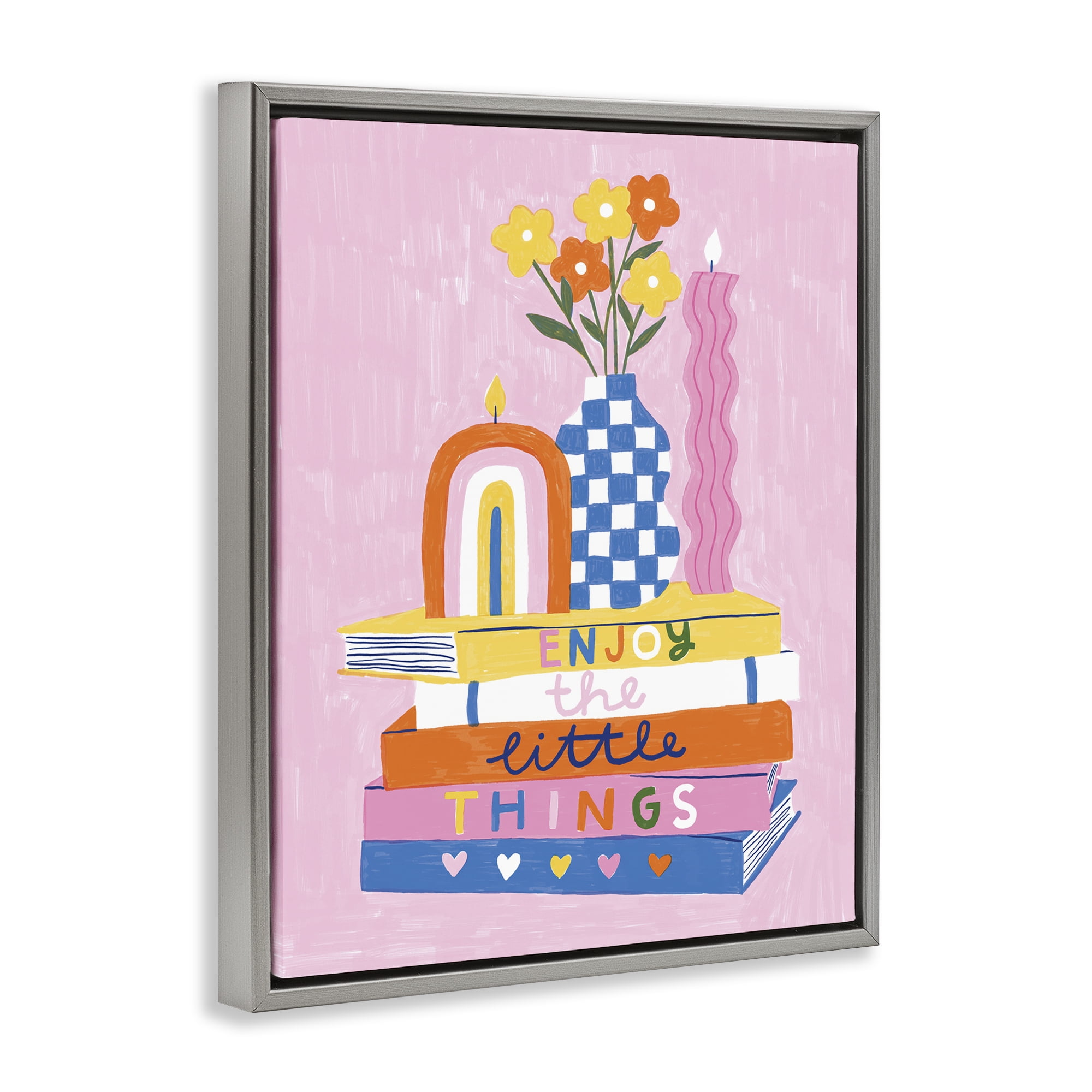 Stupell Industries Enjoy Little Things Bookstack Plants & Flowers Painting Gray Floater Framed Canvas Art Print Wall Art, 25 x 31