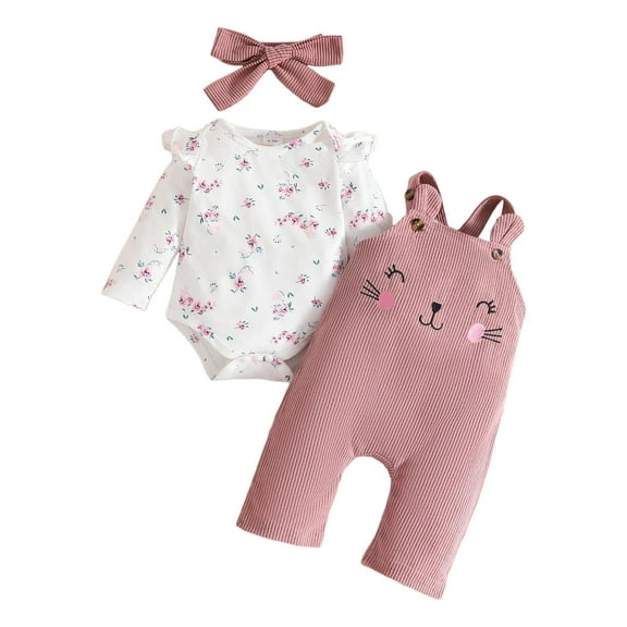 Baby Girl Clothes Toddler Girls' 2 Pieces Floral Ruffle Long Sleeve Romper Bodysuit and Cute Rabbit Corduroy Overall Pants 0-18m Outfits Clothing Set