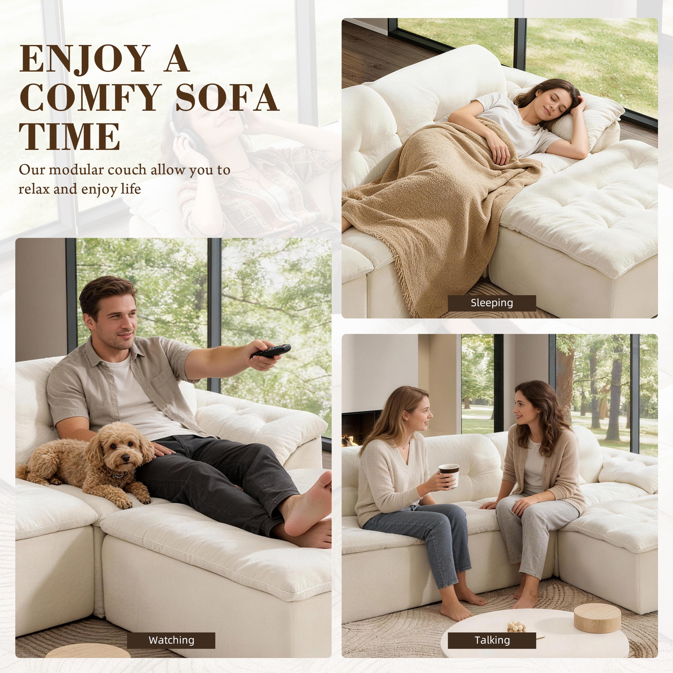 Aukfa 4-Piece L-Shaped Modular Sectional Sofa with Ottoman for Living Room, Ice Flower Chenille, White
