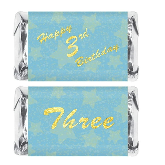 3rd Birthday Miniature Candy Bar Wrapper, Three Blue Mini Chocolate Bar Stickers for Birthday Party, Table Top Event Decorations, Candy Not Included.