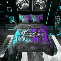 Erosebridal Motorcycle Motorbike Bedding Sets Twin Size,Extreme Sports Comforter Sets with Sheets,Plaid Buffalo Bed in a Bag Twin size,Super Cozy Teens Bedroom Decor,Reversible,7-Piece