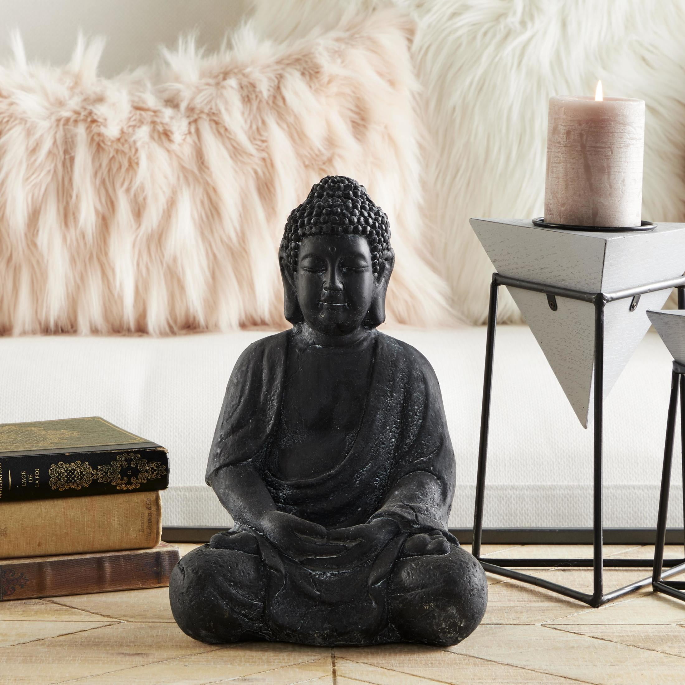 8" x 12" Dark Gray Ceramic Meditating Buddha Sculpture with Engraved Carvings and Relief Detailing, by CosmoLiving by Cosmopolitan