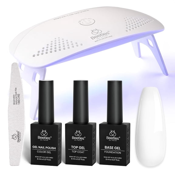 Beetles White Gel Nail Polish Kit with U V Light, 5 Pcs Gel Polish Kit | Starter Kit with Base & Top Coat and Nail File for Beginners Soak Off DIY Art Set Manicure Gifts for Women