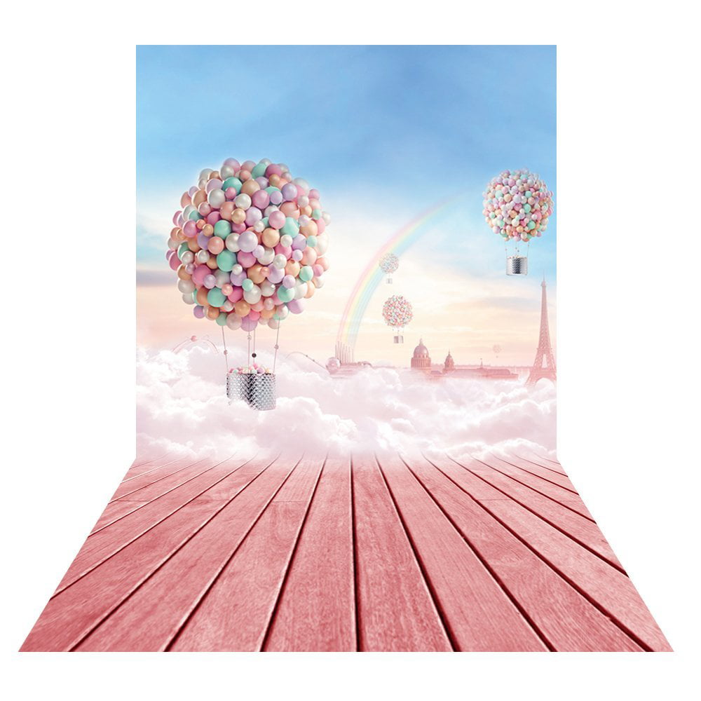 OMG_Shop 7x5ft 3D Hot Air Balloon Rainbow on the Floor Blue Sky Romantic Vinyl Wedding Backdrop Background