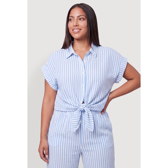Women's Plus Size Striped Crepe Knit Tie Front Shirt