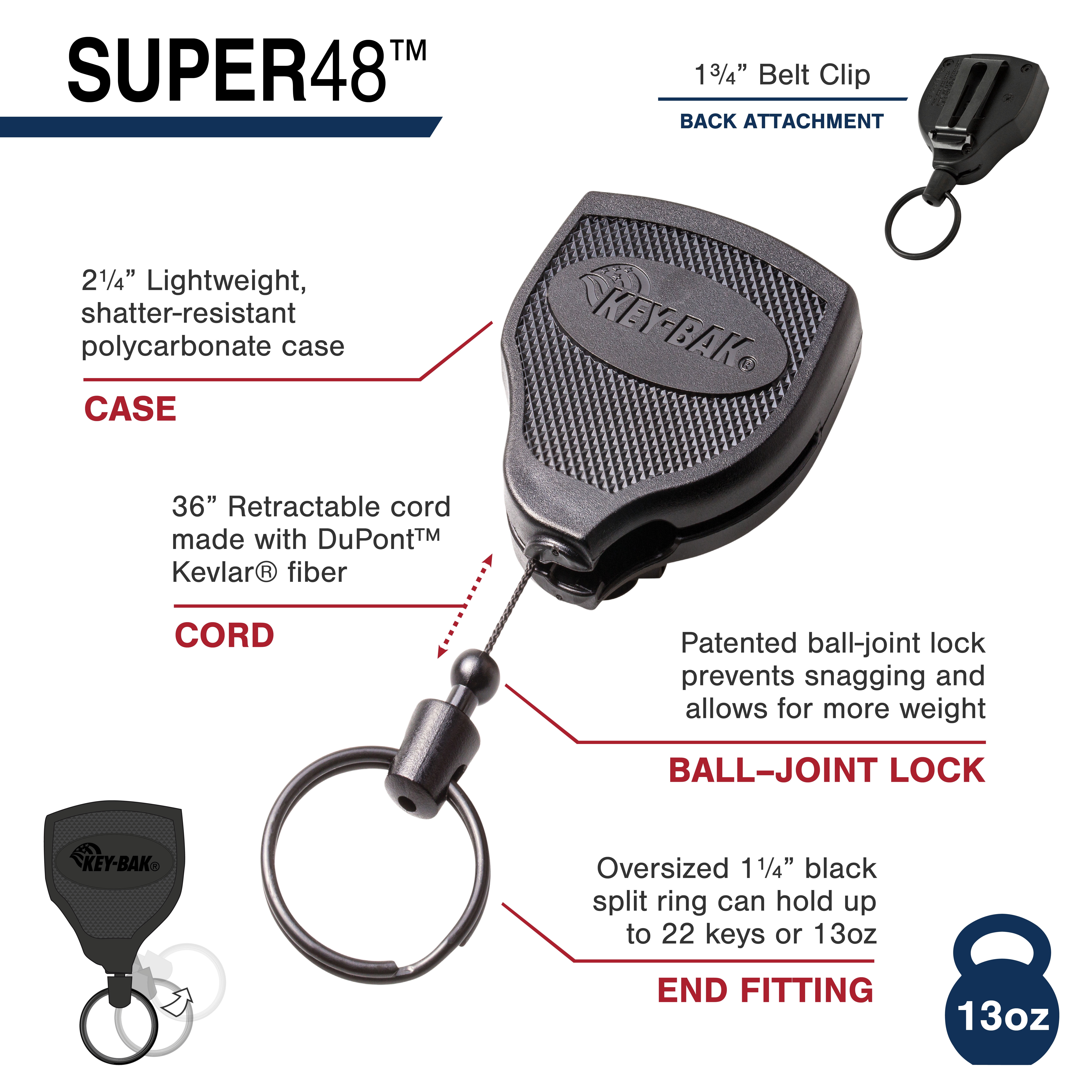 KEY-BAK SUPER48 Heavy Duty Polycarbonate Retractable Keychain with Ball-Joint Lock, One Size