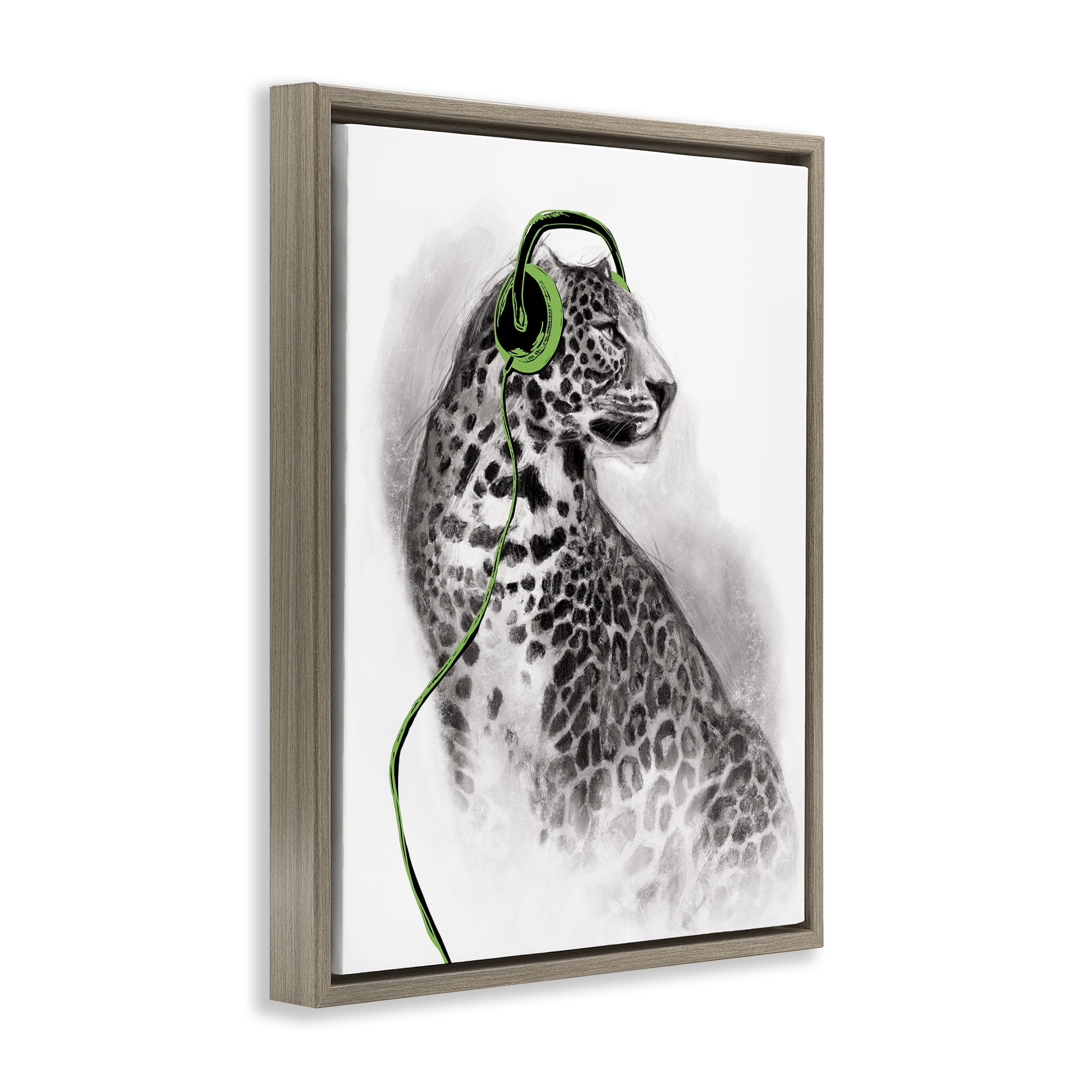 Stupell Industries Cheetah with Headphones Animals & Insects Painting Brown Floater Framed Canvas Art Print Wall Art, 17 x 21