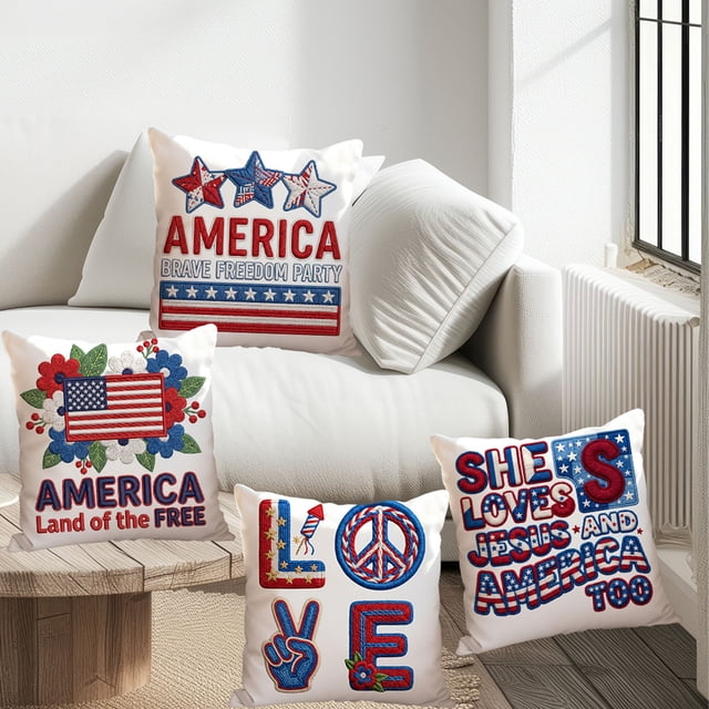 Linnome Polyester Printed Short Plush Pillowcase Double Sided Independence Day Pattern for Couch Bedroom Decoration 17.7x17.7in Multicolor#05