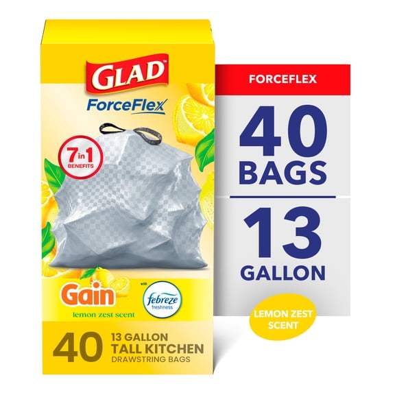 Glad ForceFlex 13-Gallon Drawstring Tall Kitchen Trash Bags, Gain Lemon Zest Scent, 40 Bags