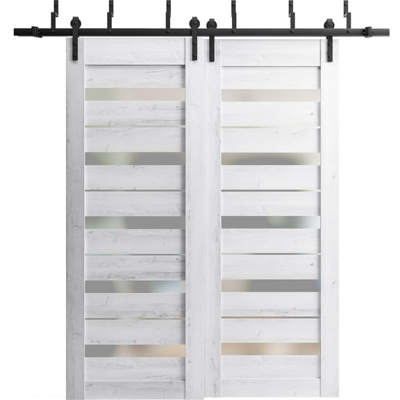 Sliding Closet Double Bi-fold Doors | Lucia 2166 Matte Black Clear Glass | Sturdy Tracks Moldings Trims Hardware Set | Wood Solid Bedroom Wardrobe Doors