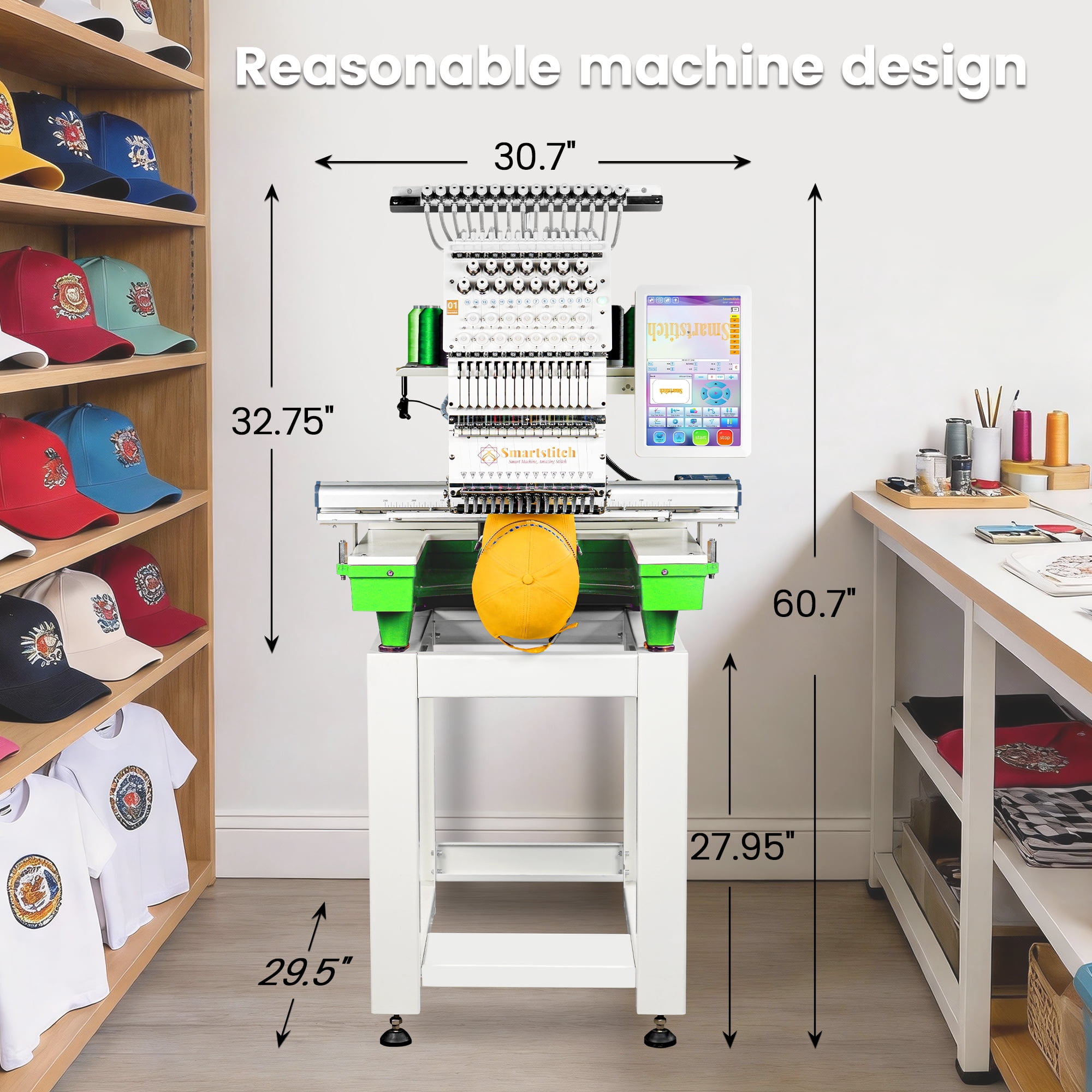 Smartstitch S-1501 Pro 15-Needle Embroidery Machine, 14"x20" Large Area, 1200 SPM, 12" Touch Screen, WiFi - Ultimate for Caps, Apparel & Business Growth (Green Base)
