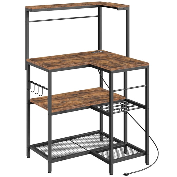 L-Shaped Bakers Rack with Power Outlet, 4-Tier Corner Microwave Stand with Storage, Coffee Bar Station with 8 Hooks, Kitchen Shelf Rack, 2 Installation Methods, Rustic Brown and Black BF20UHB01