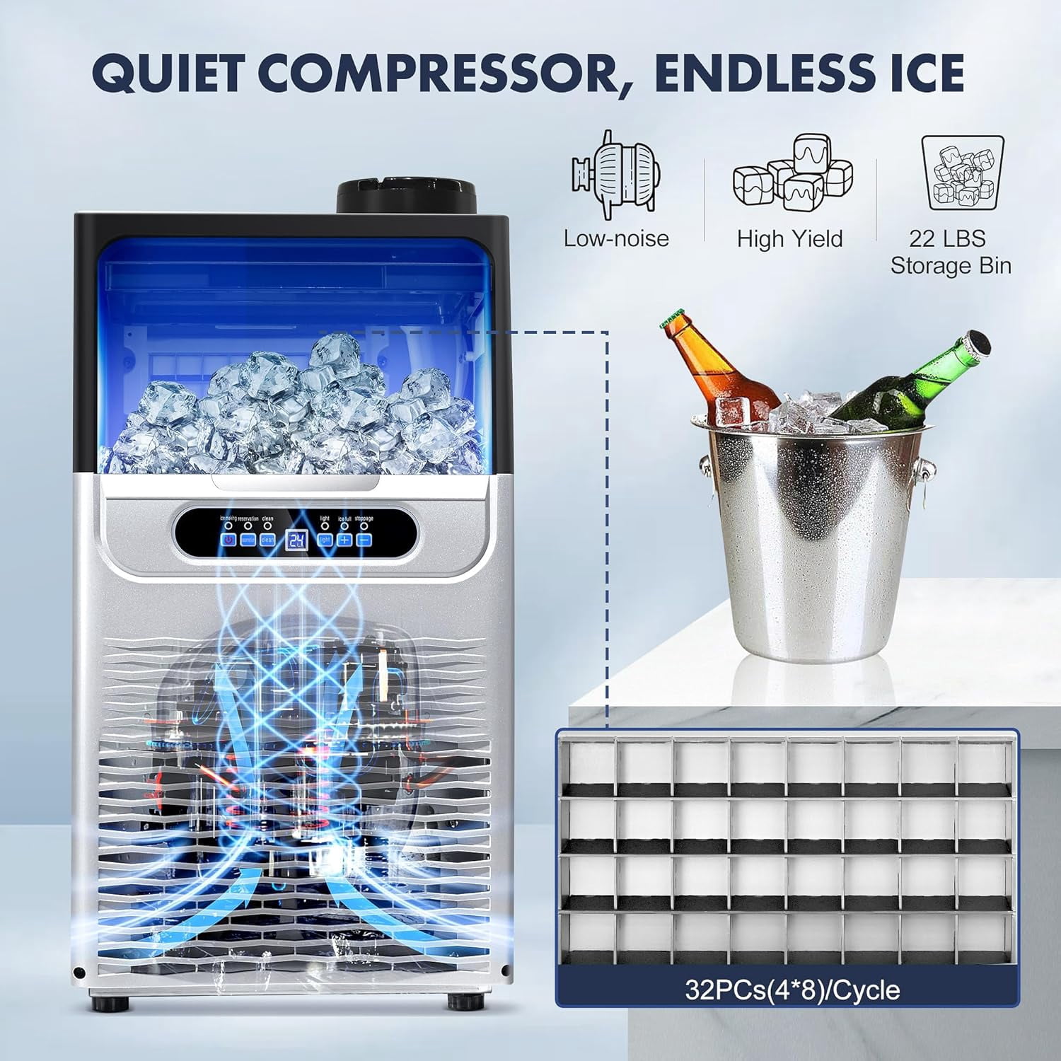 Commercial Ice Maker Machine, 80LBS/24H Under Counter Ice Maker, Stainless Steel Freestanding Ice Machine with 22LBS Bin, Self-Cleaning, Scoop, Ideal for Home Bar Offices