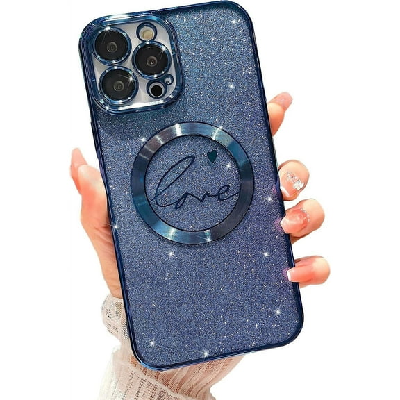 Compatible with iPhone 13 Pro Max Magnetic Glitter Case-6.7 Inch, Luxury Love Heart Pattern Plating Clear Case, Compatible with MagSafe for Women Girls Shockproof Back Cover-Blue