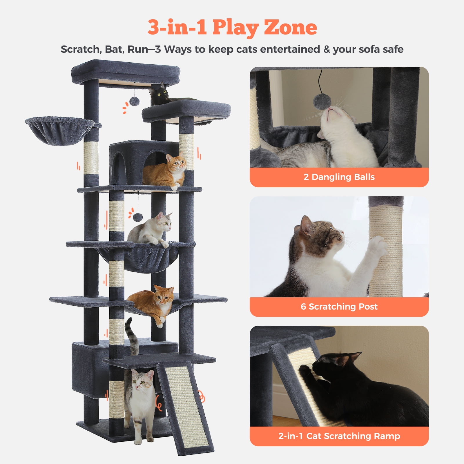 Pefilos 81" Tall Cat Tree for Indoor Cats, Multi-Level Cat Tower with Metal Frame Hammock, Scratching Ramp, 2 Top Perches, 2 Cozy Condos & 6 Scratching Posts, Dark Gray