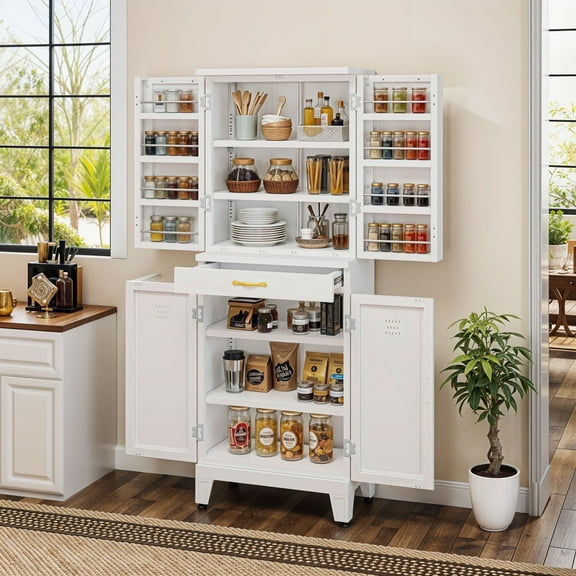 ModFusion 71" Modern Kitchen Pantry Cabinet with Adjustable Shelves, 4 Doors, 1 Drawer, Versatile Storage for Entryway, Dining & More
