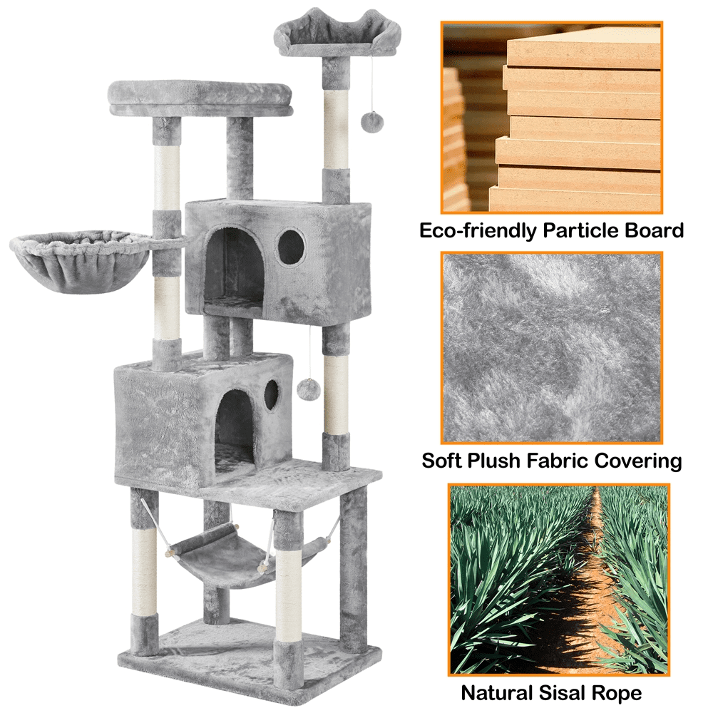 Alden Design 73"H Multi-Level Cat Tree Tower with Condos and Perches, Light Gray