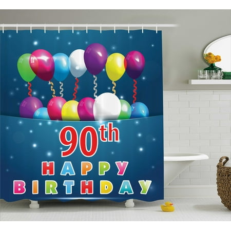 90th Birthday Decorations Shower Curtain, Joyful Surprise Party Mood Best Wishes Balloons Swirls Age Ninety, Fabric Bathroom Set with Hooks, 69W X 84L Inches Extra Long, Multicolor, by