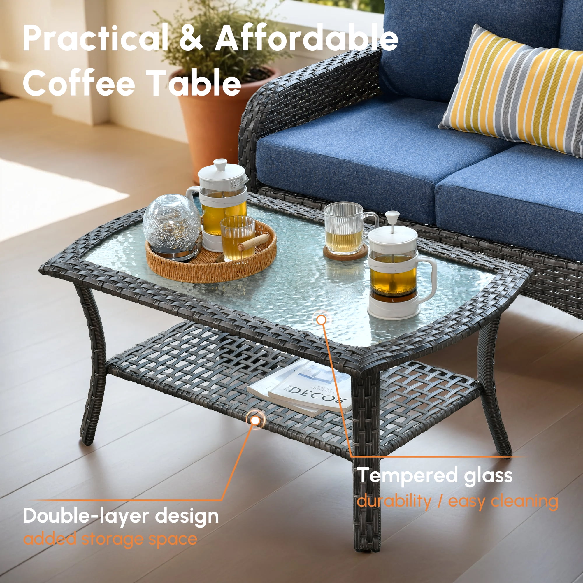 XIZZI 5-Piece Patio Furniture Set, All-Weather Wicker Outdoor Conversation Sets with Swivel Chairs and Glass Coffee Table for Backyard, Porch, Deck-Denim Blue