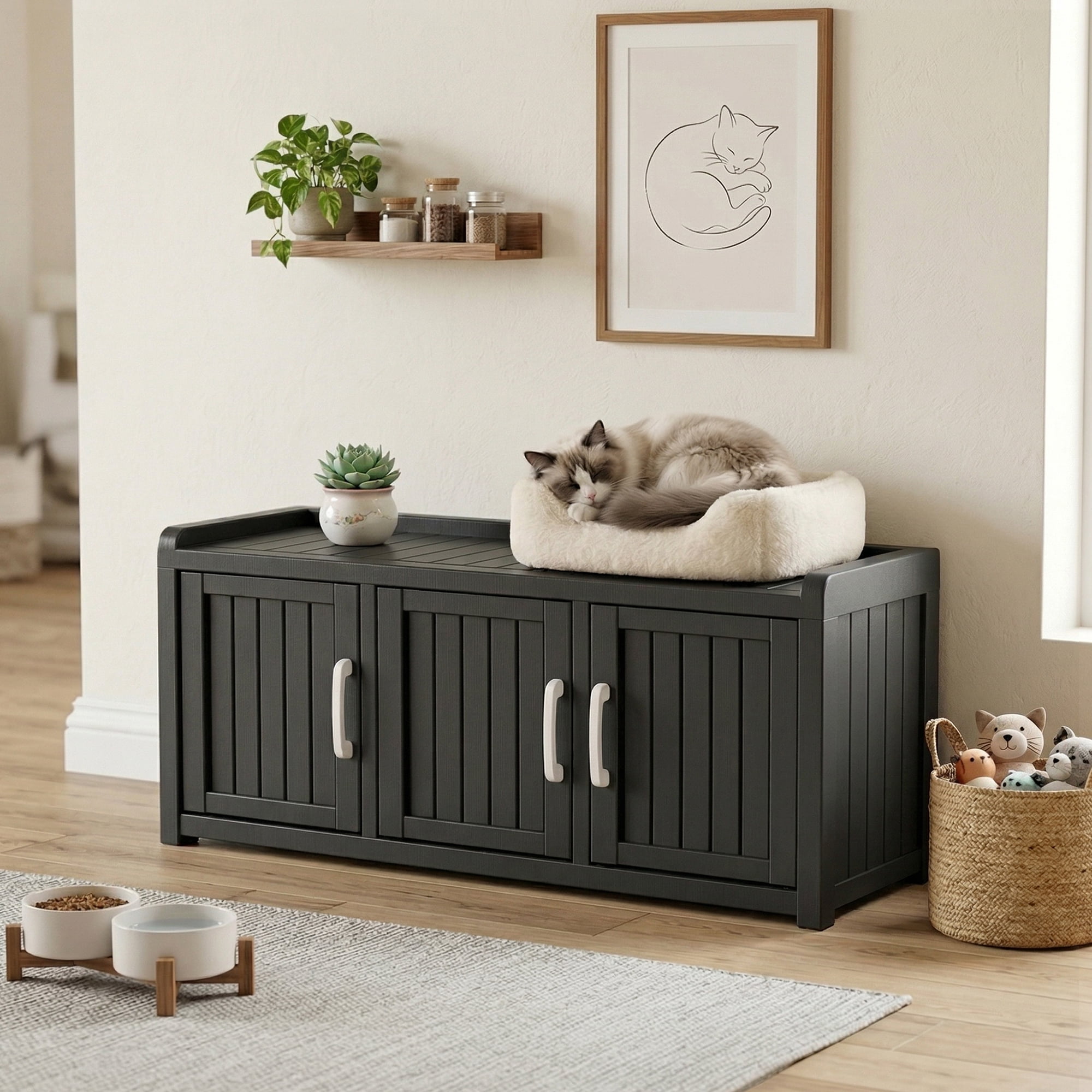 fazzn 2-in-1 Outdoor Cat House & Storage Cabinet, Weatherproof Litter Box Enclosure with Cat Door, Durable Resin Pet Shelter for Indoor, Easy Assembly.(Black),Father's Day Gift