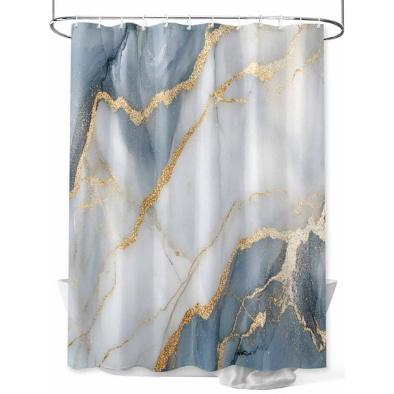 Abstract Marble Shower Curtain, Navy Blue Gold Gradient Wave Texture Waterproof Shower Curtain Set with 12 Hooks Lightweight Washable Fabric Shower Curtains for Bathroom 60x72 Inches