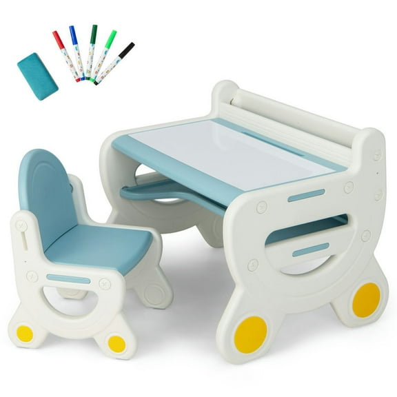Spaco Kids Drawing Table and Chair Set with Watercolor Pens and Blackboard Eraser-Blue, Toddler Table and Chair Set for Arts & Crafts, Snack Time, Homeschooling, Homework