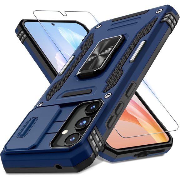 for Samsung Galaxy A35/A55 5G Case with Slide Camera Cover Screen Protector (1 Pack), Rotated Ring Kickstand Military Grade Shockproof Protective Cover-Navy Blue