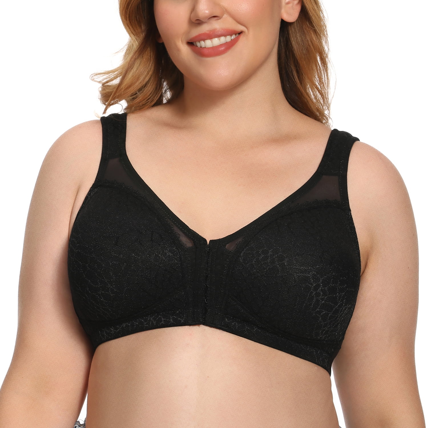 Exclare Women's Front Closure Full Coverage Wirefree Posture Back Everyday  Bra(48C, Black)