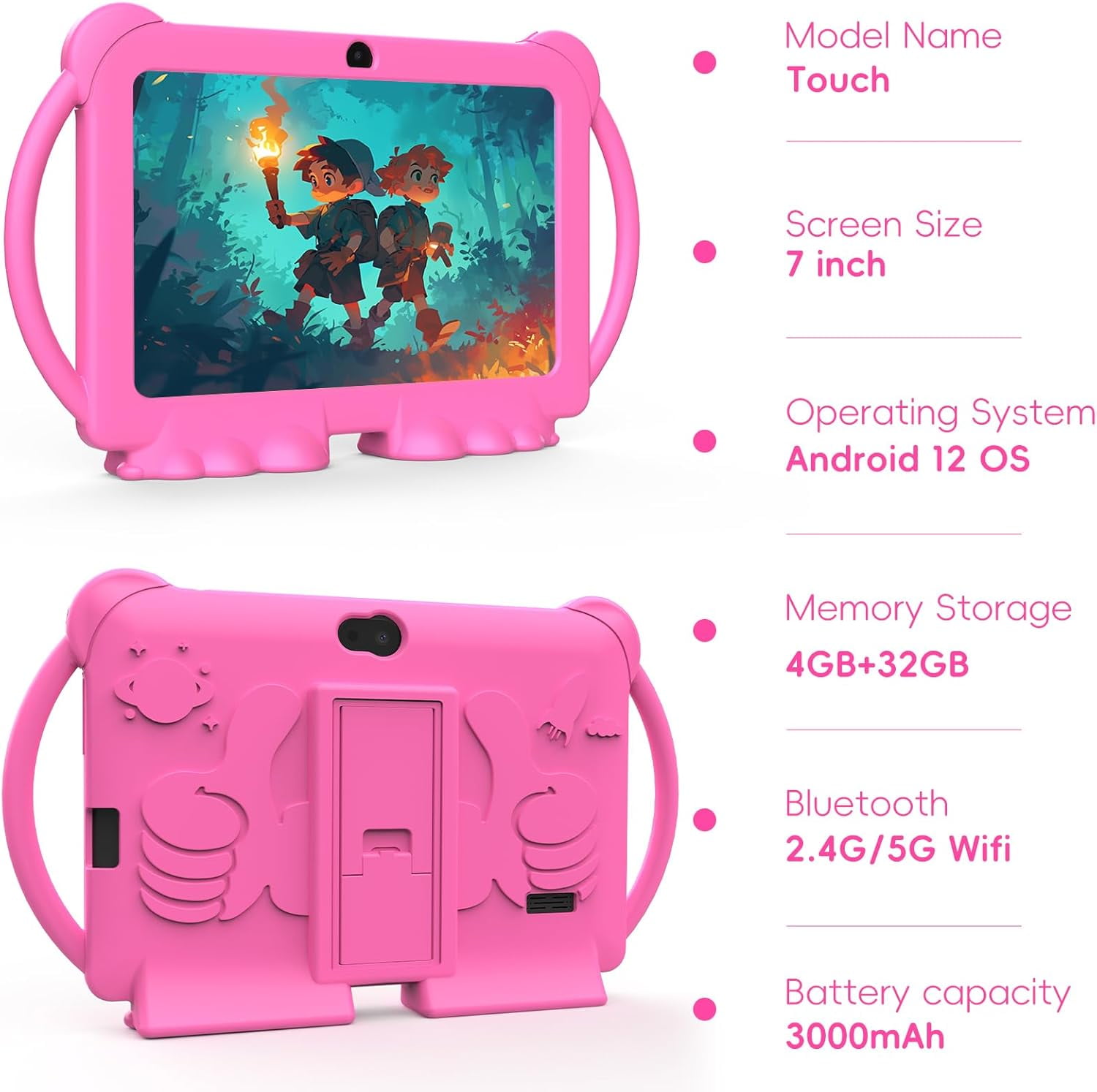 2024 Kids Tablet, 7 inch Android 12 Tablet for Kids, 4GB+32GB ROM+1TB Expand Quad-Core Toddler Tablet with Shockproof Case, BT, WiFi, Parental Control, 2MP+5MP Dual Camera, Games