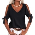 thumbnail image 2 of Summer V-neck Women Solid Color Off Shoulder Casual Shirt Bownot Blouse Tops, 2 of 3
