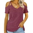 thumbnail image 2 of Brilliant Women Tops Women's Summer Solid Short Sleeve Top Off Shoulder V-Neck Casual Lace Up T-Shirt clothes under $10.00, 2 of 8