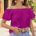 thumbnail image 2 of Top de verano para mujer, Top informal holgado con hombros descubiertos y manga corta con ribete de volantes para mujer, 2 of 6