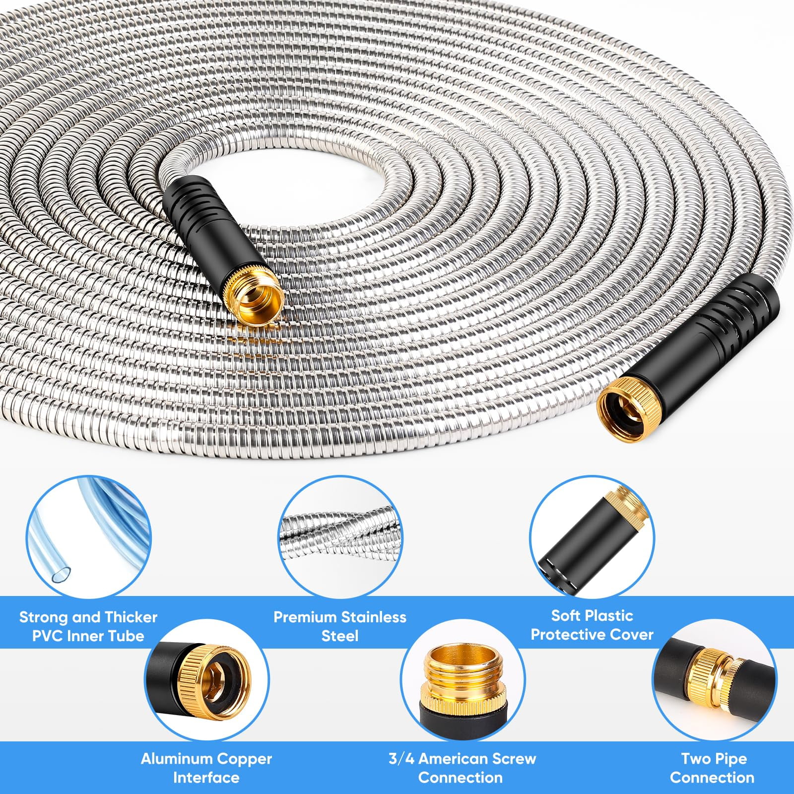 Garden Hose 50 ft, Heavy Duty Garden Hose Stainless Steel Metal Garden Hose, No Kinks, Lightweight, Puncture Proof, Flexible Outdoor Hose with 10 Function Nozzle for Yard & Car Washing