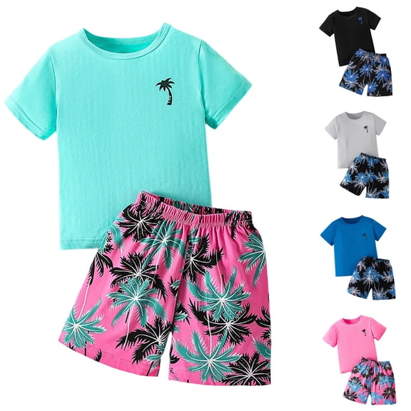 Faraee Boys Girls Summer Clothes 2 Piece Beach Outfit Kids Short Sleeve T-Shirts and Graphic Shorts Vacation Clothing Set 2t 3t 4t 5t 6t 2-10 Years Black
