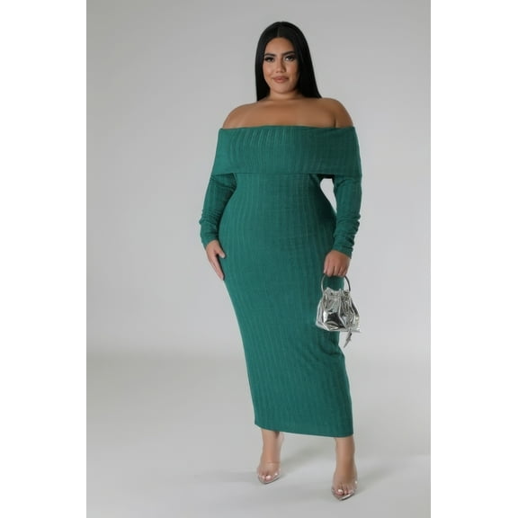 Saronite Solid Off Shoulders Neck Strapless Long Sleeve Stretch Dress, Green (Women's Plus)