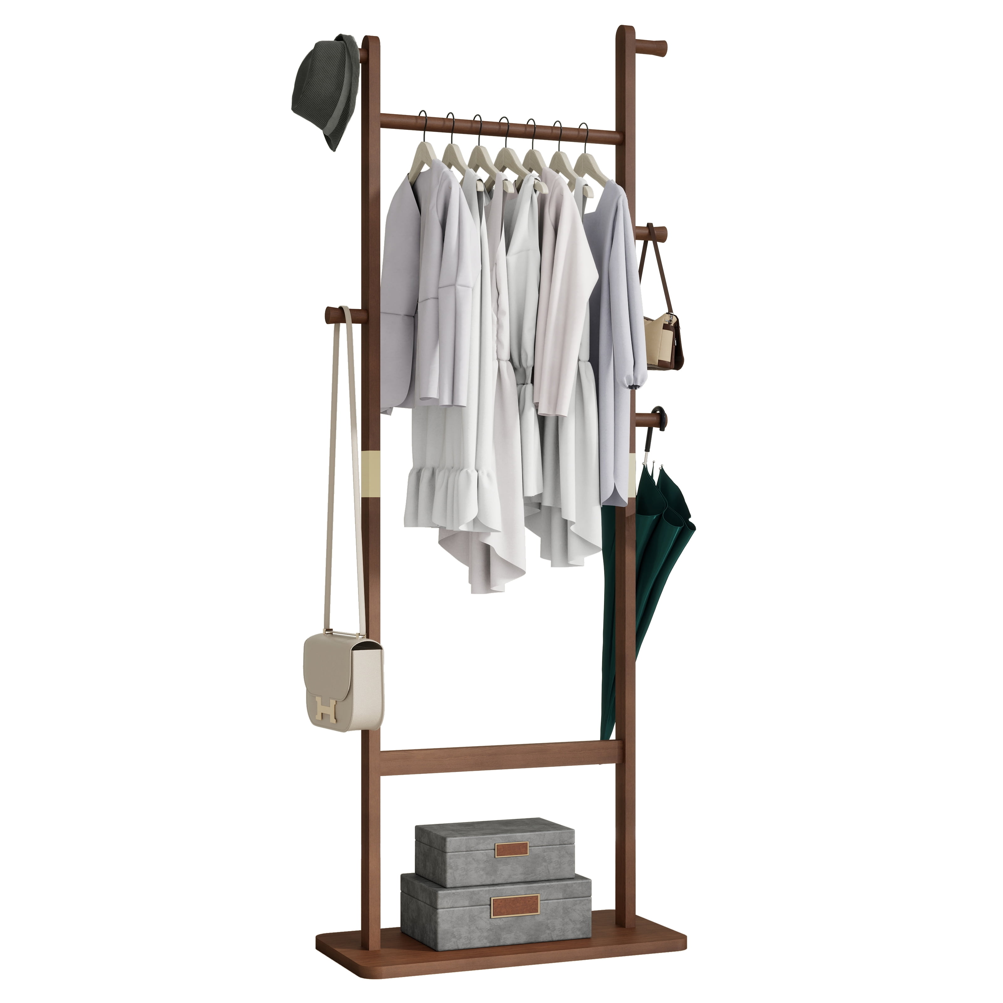 Garitin Coat Rack and Hall Tree 71 Inch, Solid Wood Freestanding Stand with Hooks and Hat Shelf for Entryway Living Room Bedroom, Walnut Rubber Wood