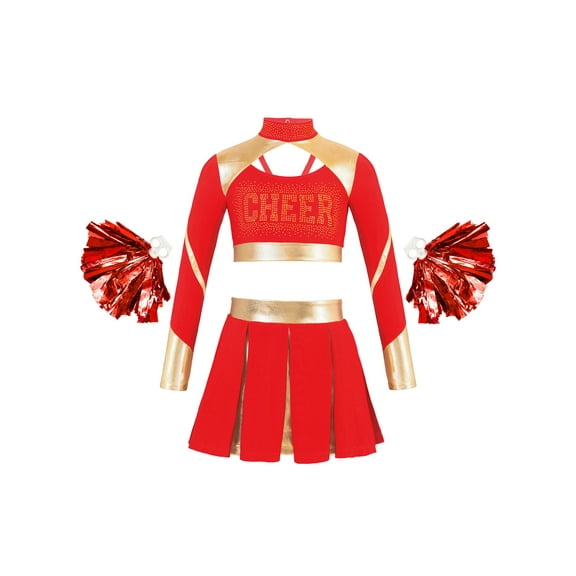 TiaoBug Kids Girls Cheerleading Outfits Cheer Print Crop Top with Pleated Skirt Red 6