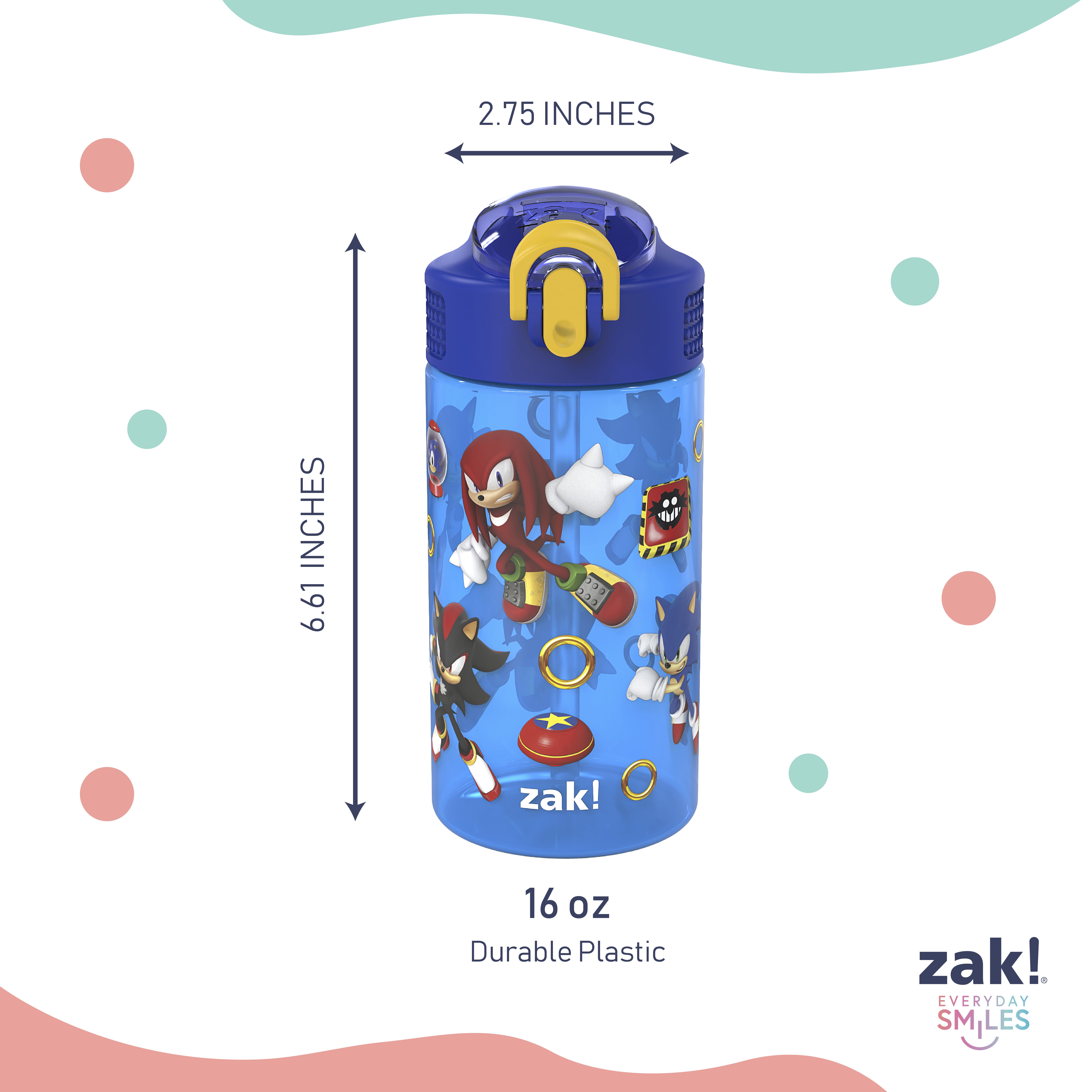 (6 pack) Zak Designs 16oz Sonic Kids Straw Water Bottle, Durable Plastic Park Bottle with Easy-Open Locking Spout Cover for Travel, Built in Carry Handle