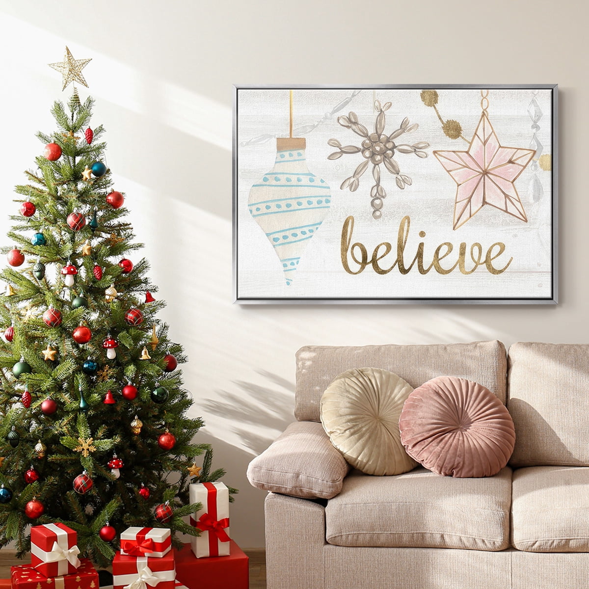 Elegant Ornaments Collection A - Framed Gallery Wrapped Holiday Canvas - 27 x 41 - Silver Frame